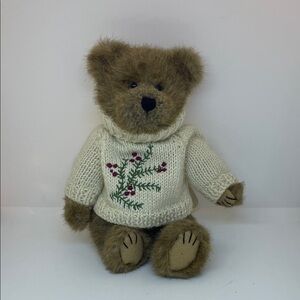 “Karen A. Mulberry” - Plush Brown Teddy Bear in Cream Embroidered Sweater